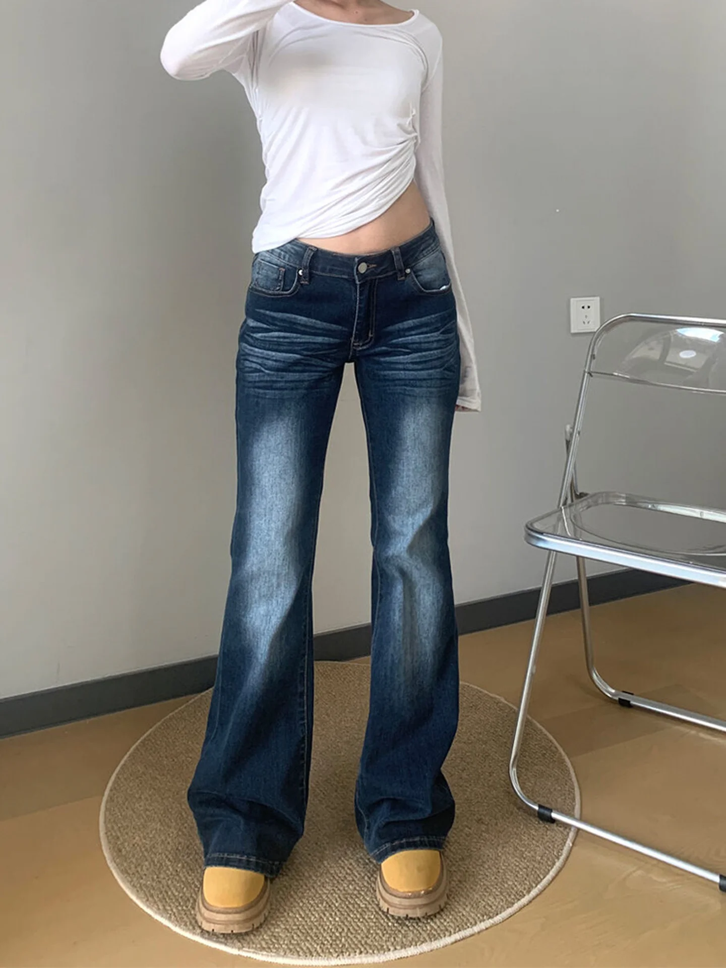 Thiened Fce Lined Bootcut Jeans Women's Autumn Winter Slim Fit High Waist Straight Leg Long Pants Distred Casual Jeans