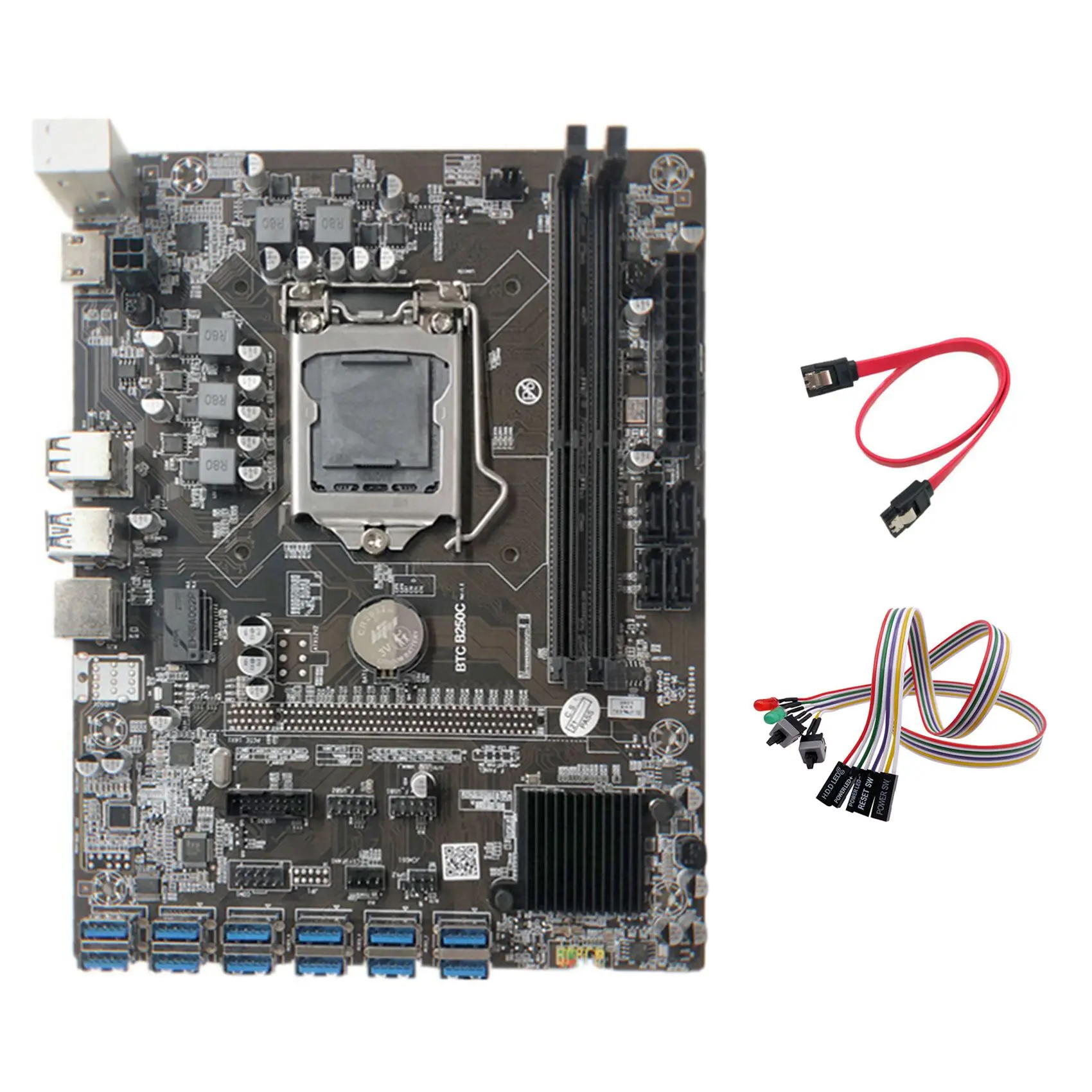 

B250C Miner Motherboard+Dual Switch Cable with Light+SATA Cable 12 PCIE to USB3.0 Graphics Card Slot LGA1151 DDR4