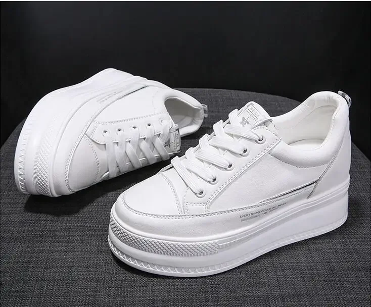 New 7cm GENUINE LEATHER Women Casual Shoes White Platform Wedge Hidden Heel Shoes White Shoes Chunky Sneakers Skateboard