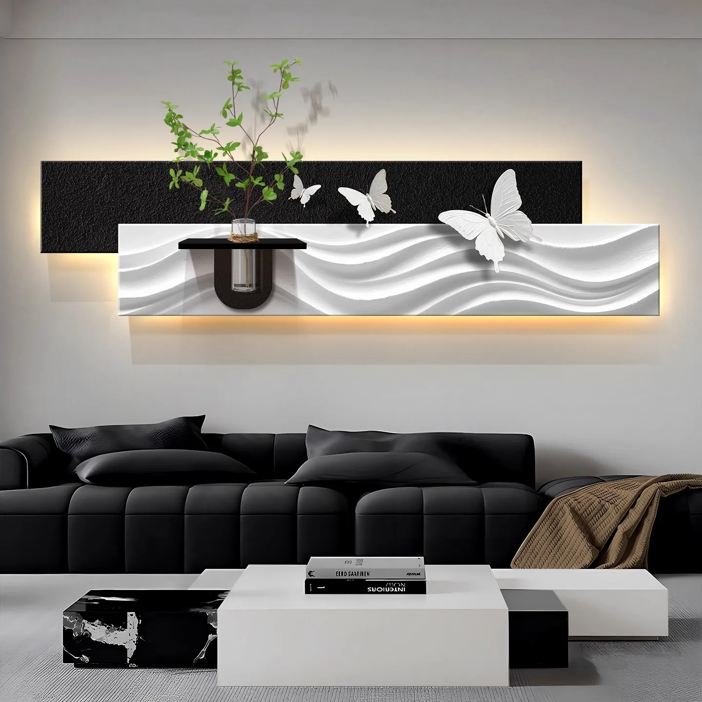 Modern Light Luxury Living Room Decoration Painting, High-end Three-dimensional Sandstone Mural, Hydroponic Green Plants Sofa