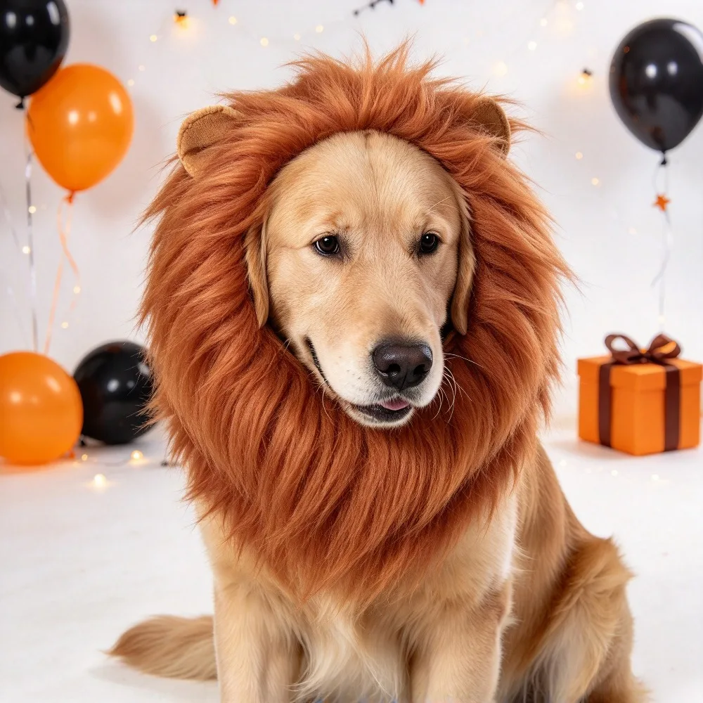 Pet Lion Mane Wig with Ears, Funny Dog Lion Costume Headgear, Furry Pet Cosplay Head Cover, Dog Photo Booth Props