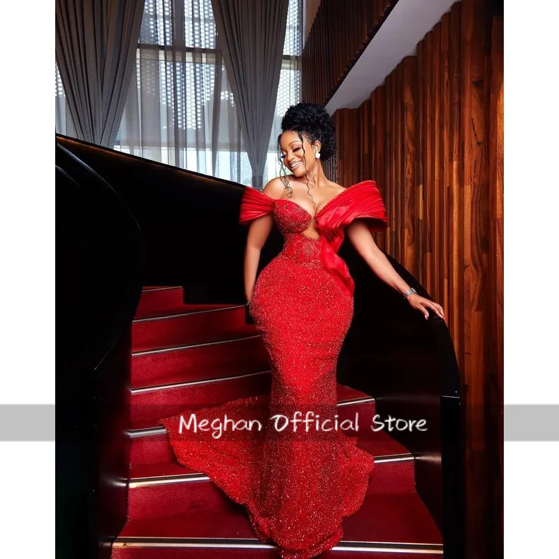

Customized Plus Size Red Mermaid Prom Dresses For Special Occasion Sequined Crystals Beaded Evening Formal Party Birthday Gowns