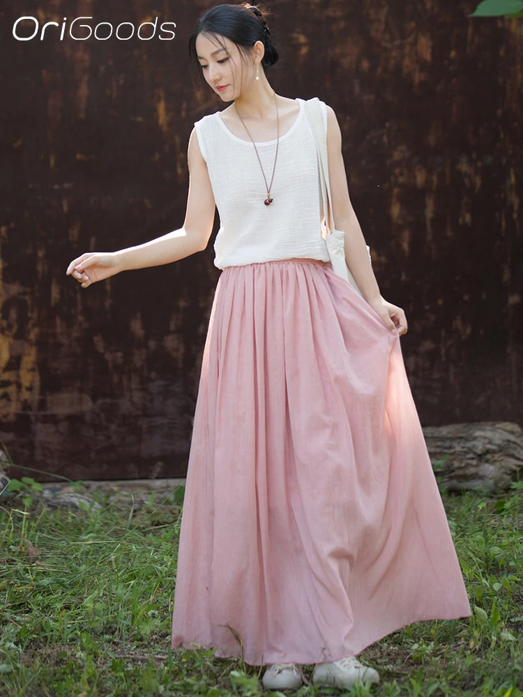 OriGoods Women Long Maxi Skirt Elastic Waist Loose Flowy Long Skirt Summer A-line Casual Lightweight Breathable Skirt B388