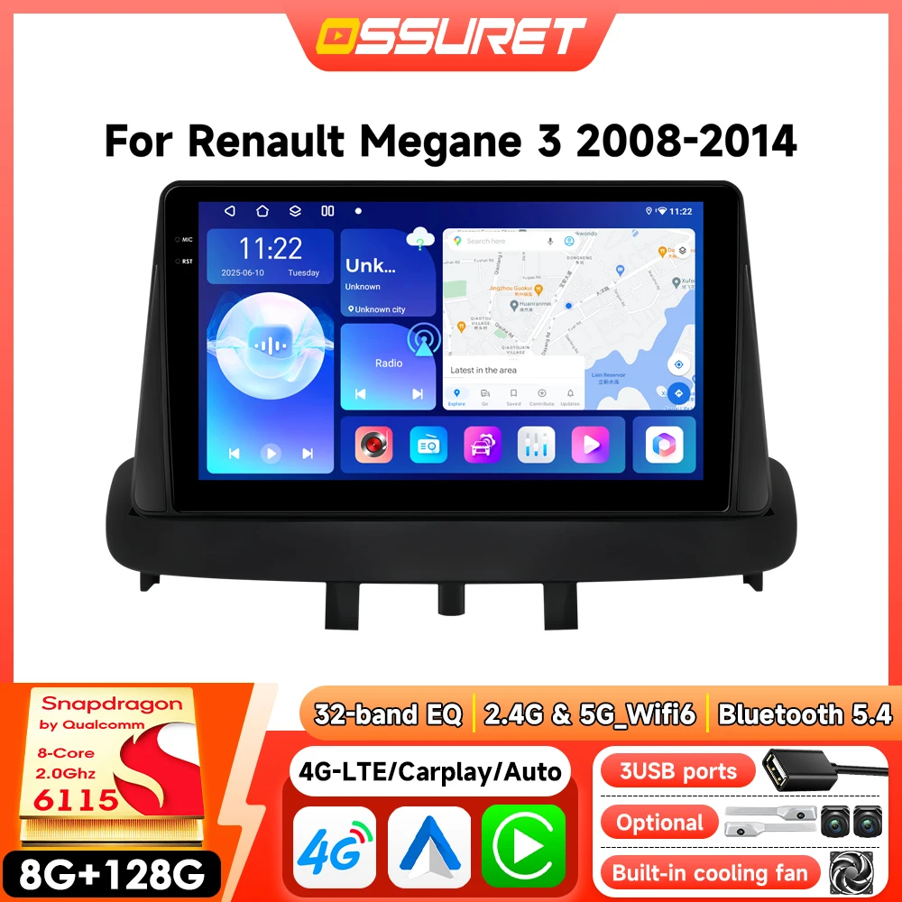 Radio samochodowe z systemem Android do Renault Megane 3 2008 - 2014, bezprzewodowy Carplay, inteligentny GPS, Wifi, wideo, procesor Snapdragon 6115, multimedia.