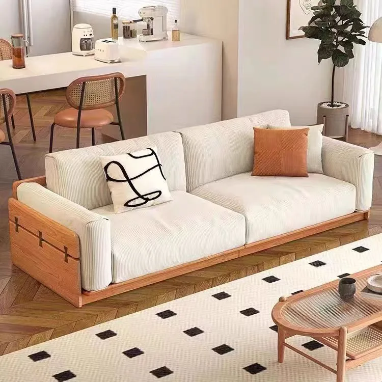 North American all-solid wood sofa, small apartment log style, living room floor straight row, three-person corduroy