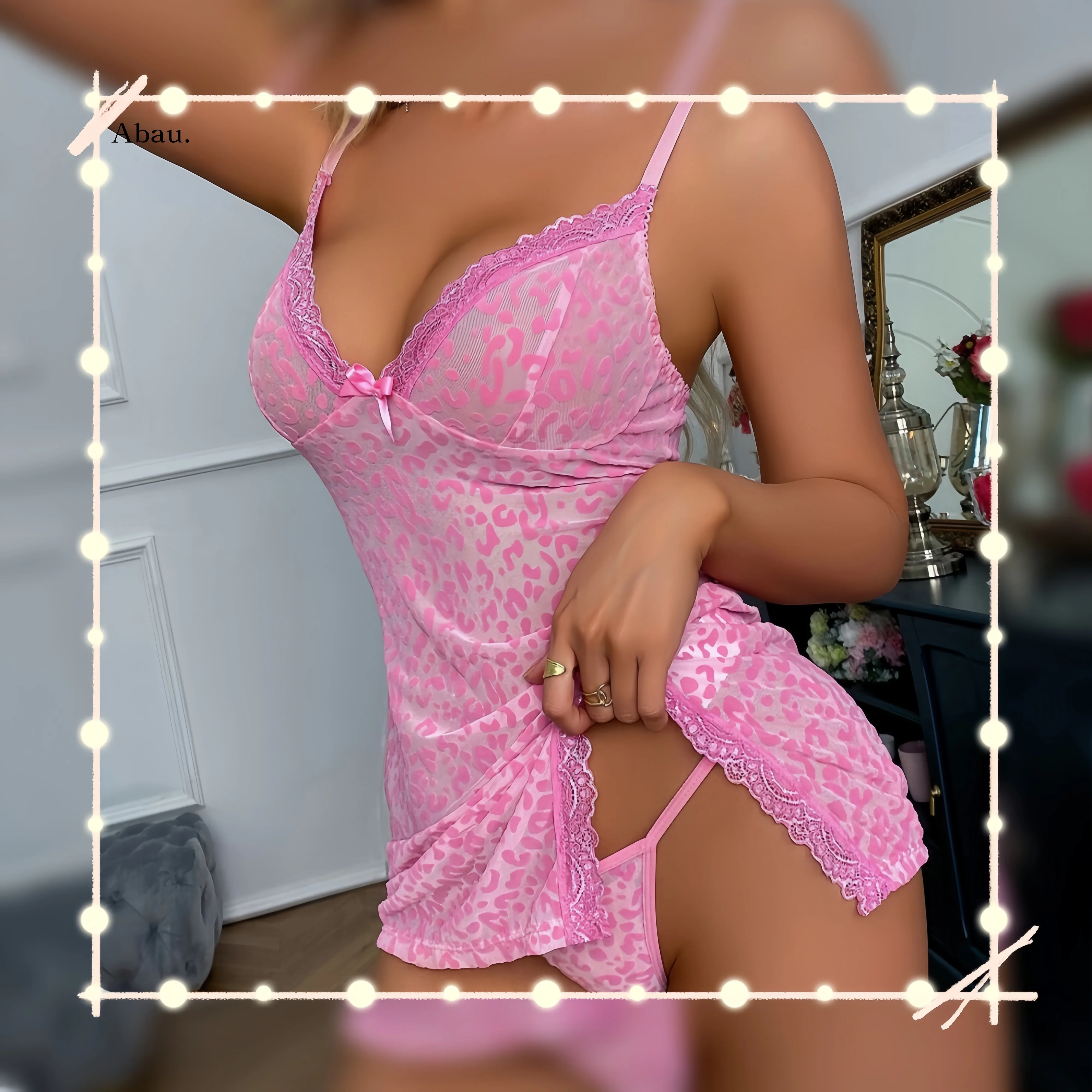 Vestido feminino sensual lindo decote em v profundo renda dividida conjuntos leopardo transparente com tangas roupa de dormir babydoll festa mini kit