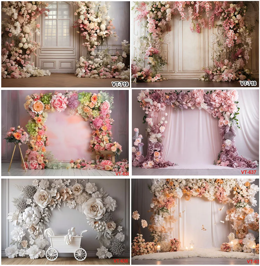 

Flowers Arched Shape Door Wall Curtain Backdrops Photographic Banner Valentines Day Ceremony Marriage Bridal Shower Backgrounds