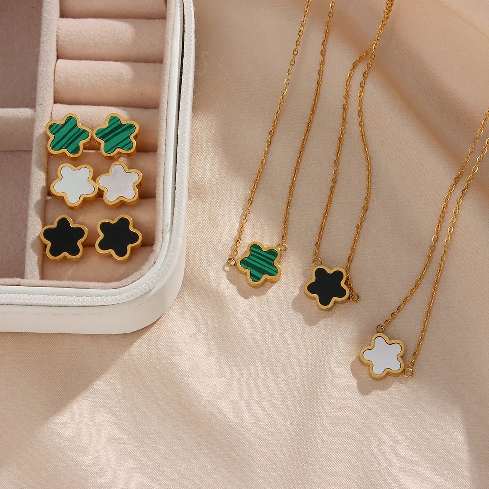 G&D 2pcs/Set Vintage Green Star Flower Pendant Necklace/Earrings High Quality Non Tarnish Stainless Steel Jewelry for Women Gift