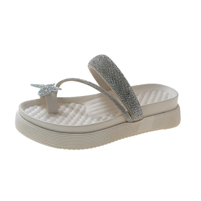 Zapatillas de espiga con lazo de diamantes de imitación para mujer, zapatillas cómodas y antideslizantes para el hogar y actividades al aire libre, novedad de verano