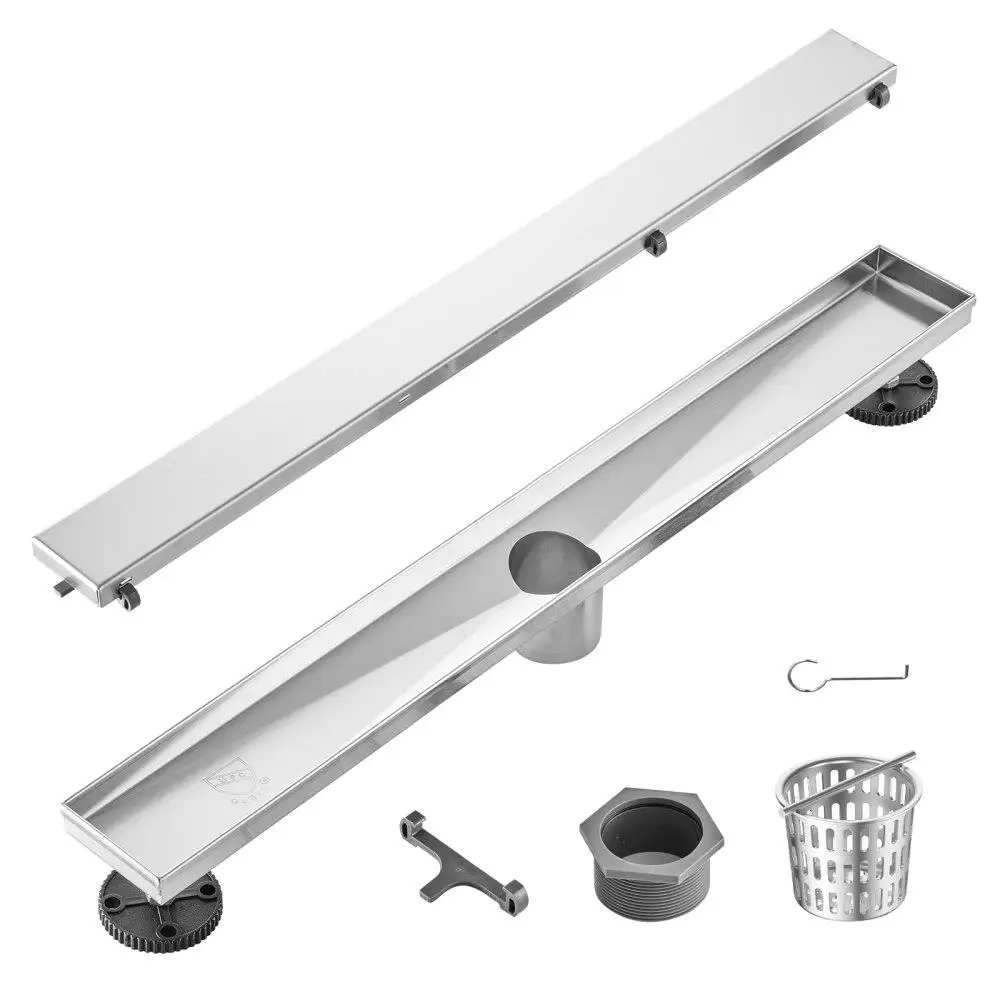 

24 Inch Linear Shower Drain Offset Tile Insert Cover Brushed 304 Stainless Steel Rectangle With Leveling Feet Hair Strainer