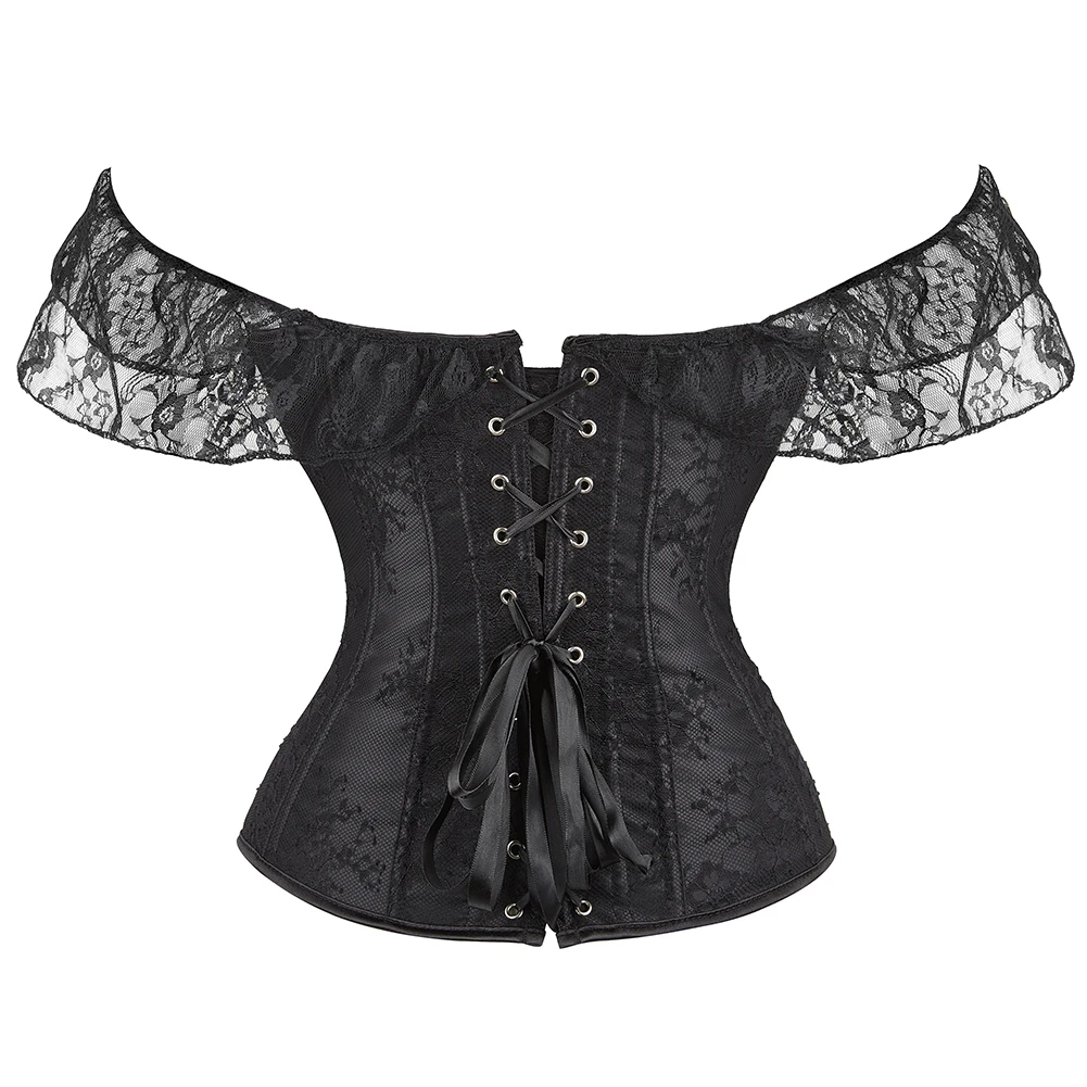 Women Lingerie Corselet Bustier Top Floral Lace Short Sleeves Overbust Corset Gothic Shirt Korset