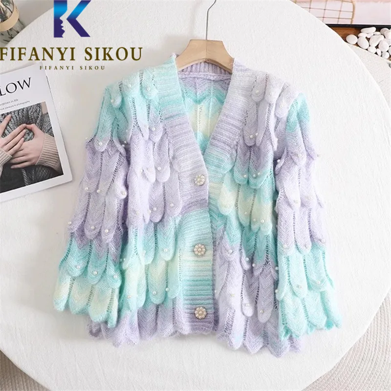 

2023 Autumn Winter Knitted Sweater Jacket Women Feather Design Fashion Beading V-Neck Cardigan Sweaters Casual Knit Coat Female