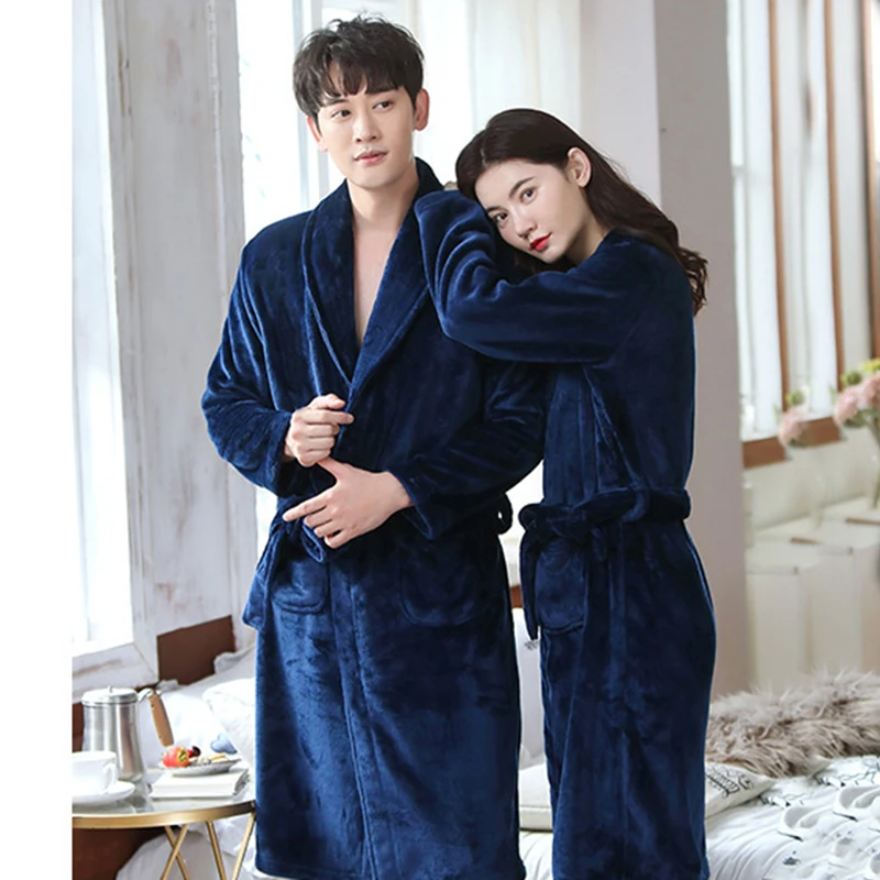 Winter Coral Fleece Kimono Gown Home Robe Women Thick Warm Nightgown Lounge Nightwear Couple Lovers Sleepwear Plush Men Bathrobe