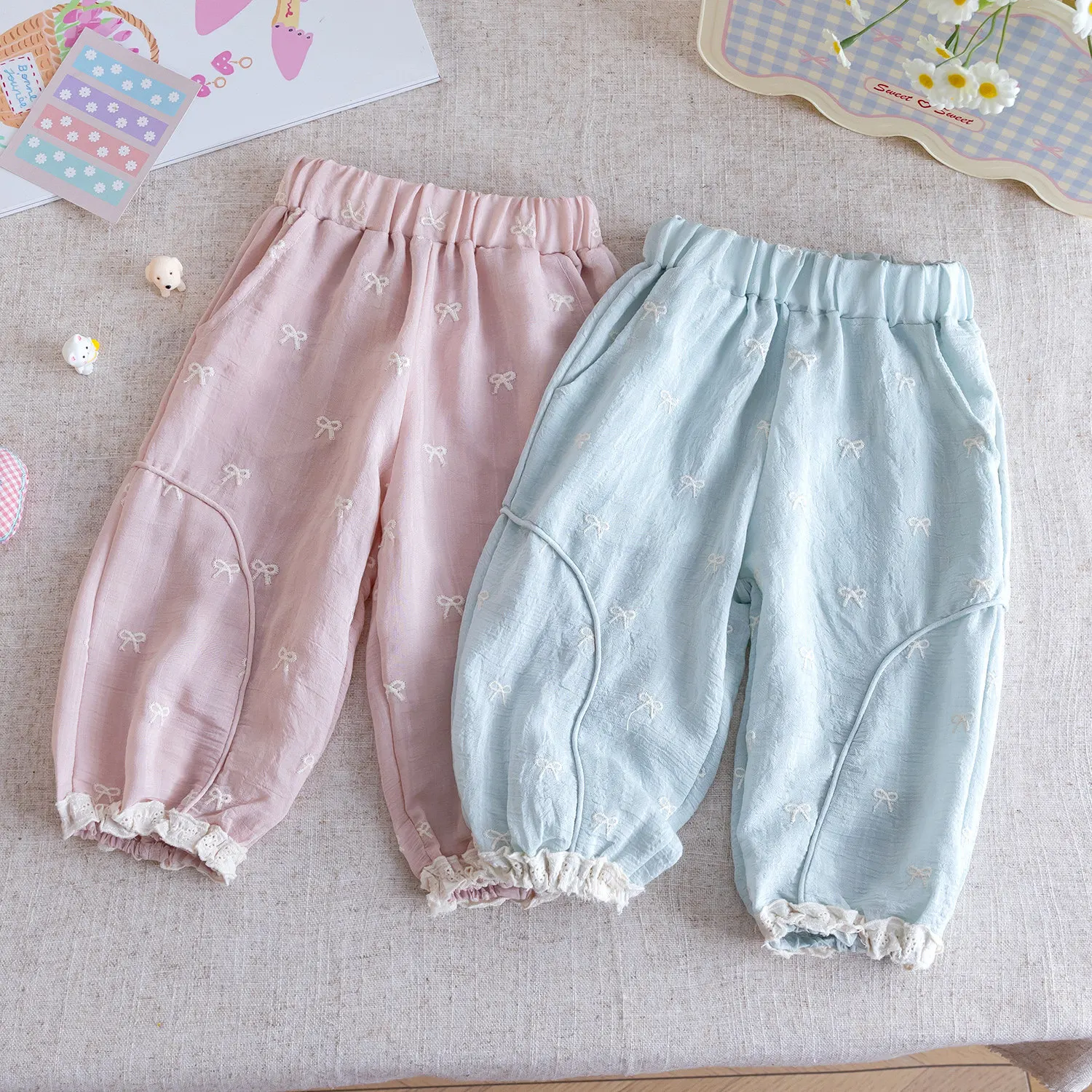 Girls' summer bow embroidered lace lantern pants are comfortable, breathable, and stylish pants