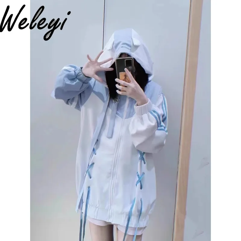 Women's Subculture Y2k Tops Cute Soft Girl Mine Series Mass Produced Water Color System Hooded Hoodies Loose Strap Zipper Jacket