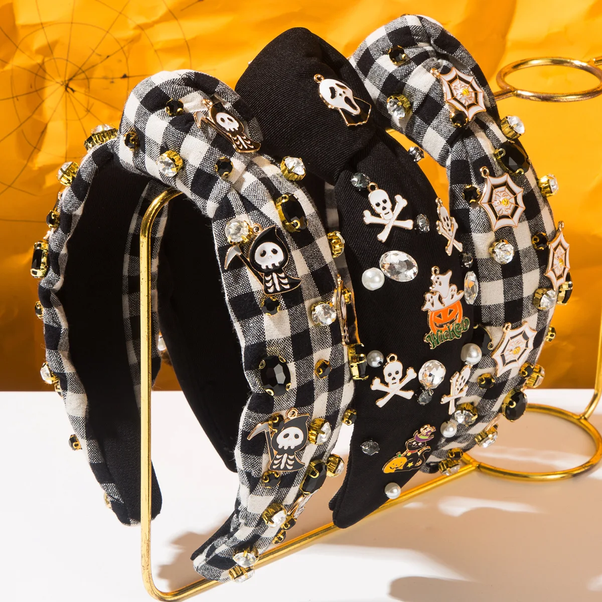 

New Halloween Diamond Pearl Pumpkin Ghost Face Skeleton Headband Women's Holiday Hair Accessories