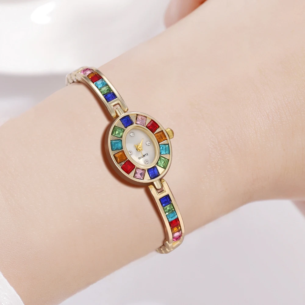 Elegant Metallic Quartz Women Watch With Colorful Rhinestones Ideal Present For Valentine Easter Special Occasions  Celebrations