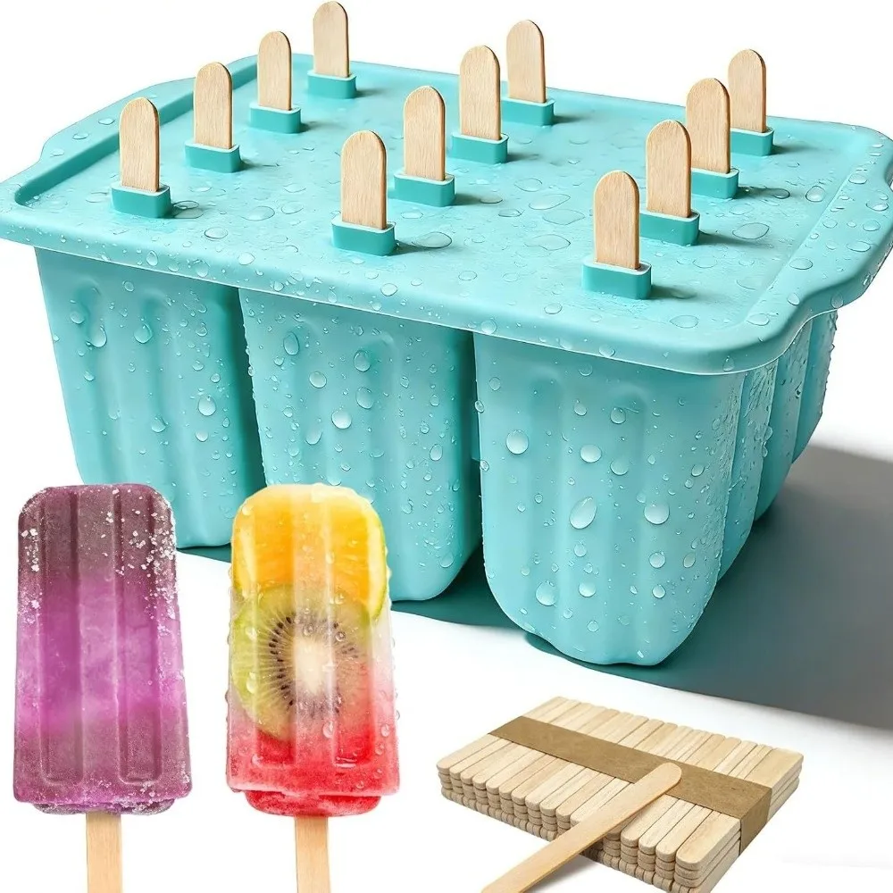 New 12 Grids Silicone Popsicle Mold Easy Release Reusable Ice Pop Mold Non-stick with Lid Frozen Dessert Tray Summer