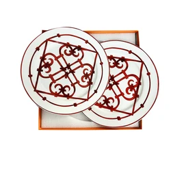 Chinese Red Ceramic Dinner Set  Inlay Porcelain Dessert Plate Steak Snack Cake Dish  Round Dinnerware Household