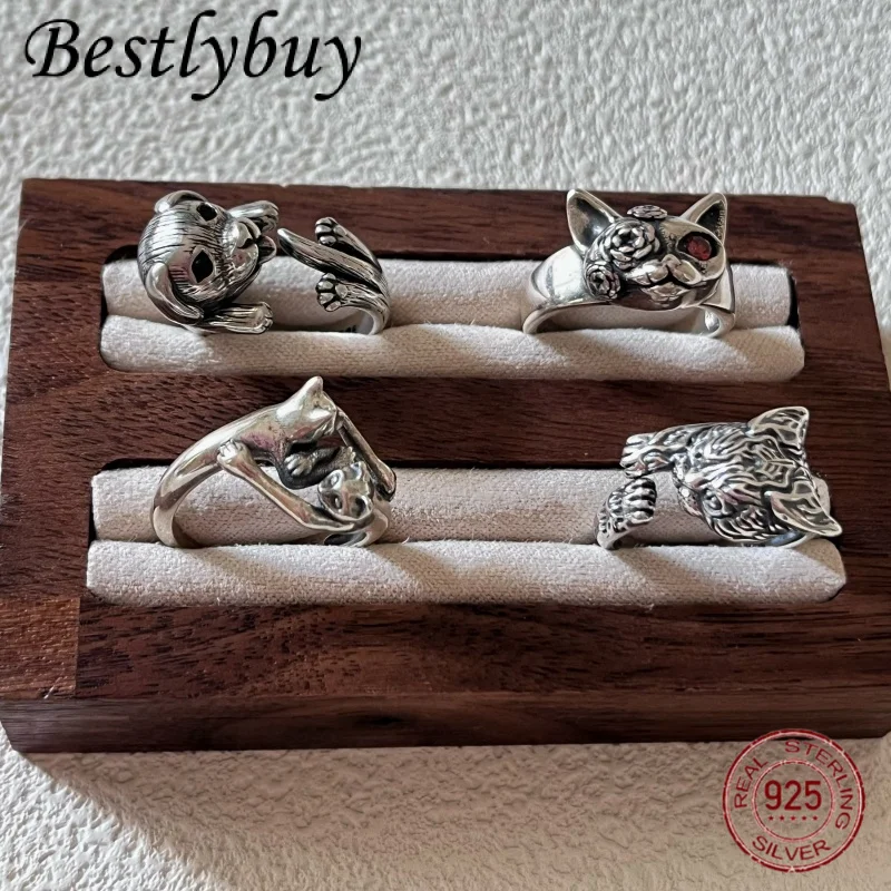 

Новое винтажное тайское серебро 925 пробы, русское 3D кольцо с милым котом, женское модное ювелирное изделие в форме маленьких животных