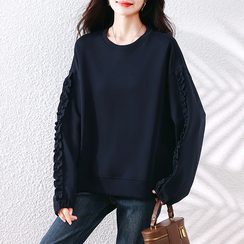 

SuperAen Navy Edible Tree Fungus Design Casual Round-neck Top for Women Autumn and Winter 2026 New Loose Slimming Sweatshirts