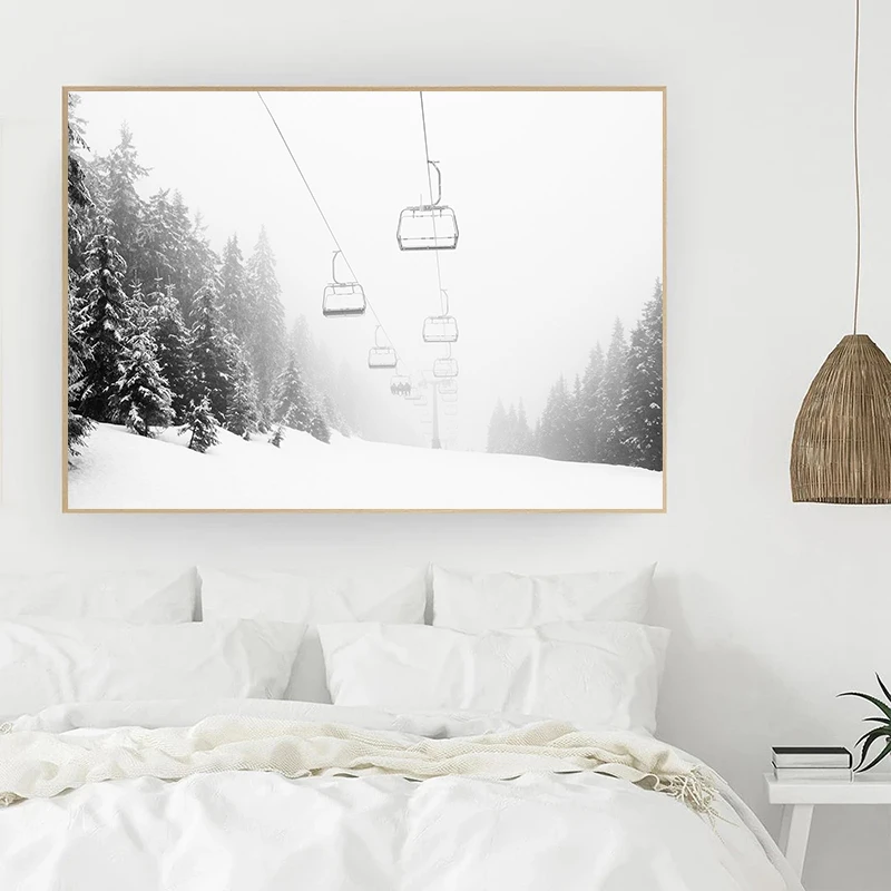 Black White Winter Ski Depressed Mountains Landscape Nordic Poster and Print Canvas Painting Wall Art Pictures Modern Home Decor