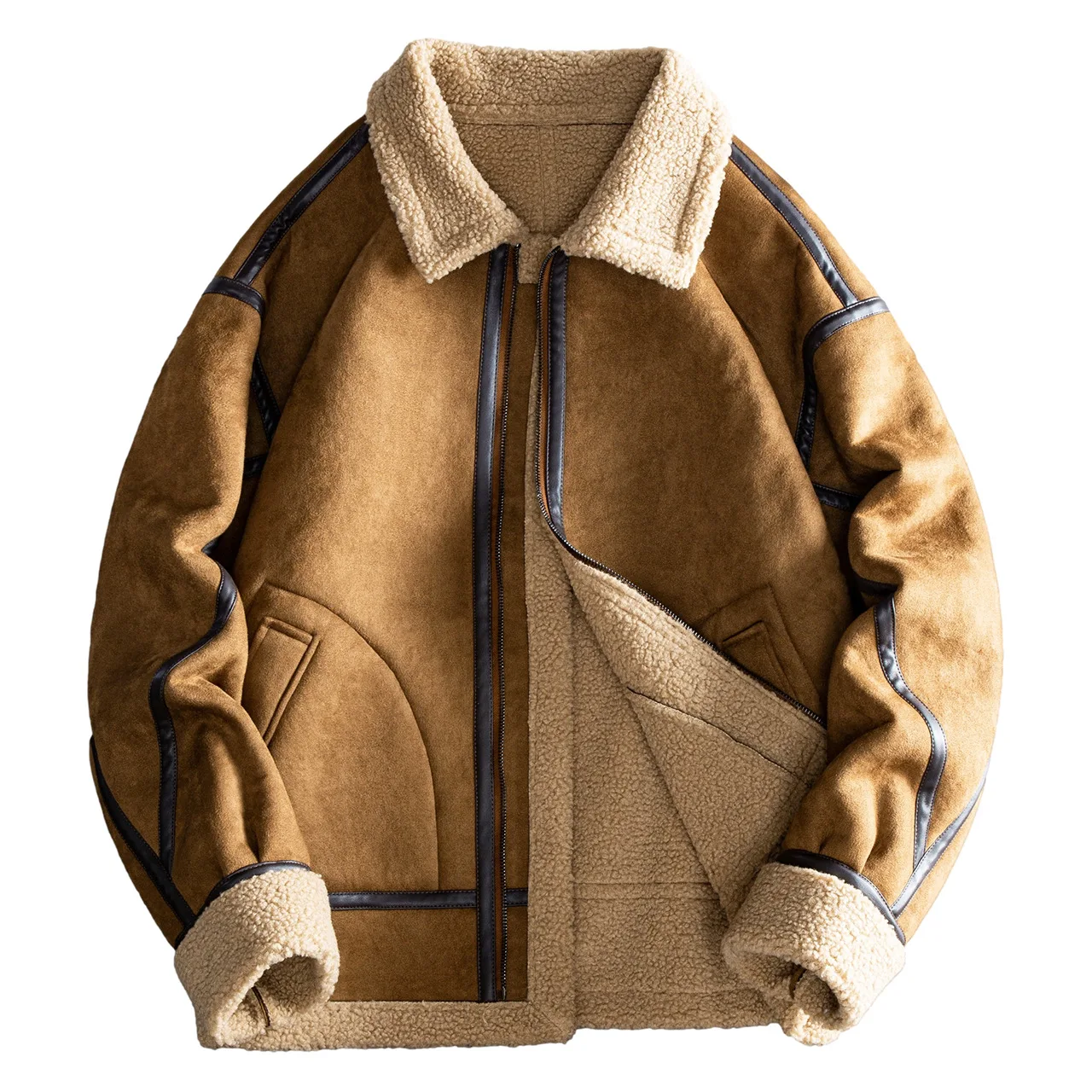 

Winter Faux Leather Jackets Men Thick Fleece Lamb Fur Lined Warm Jacket Man Patchwork Casual Outerwear Coats Motorcycles Coat