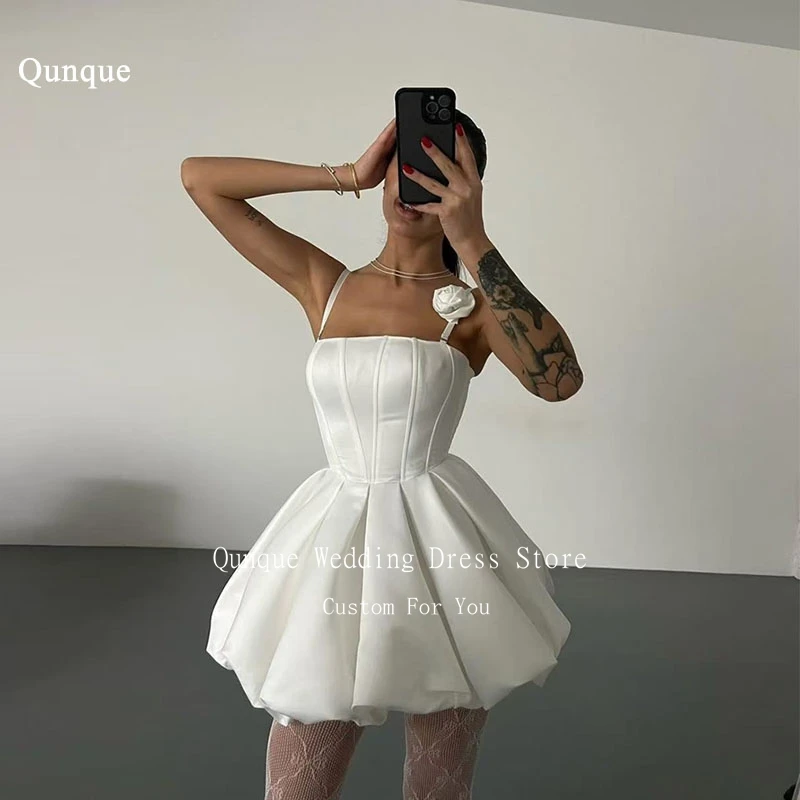 Qunque Short Strapless Wedding Dresses Satin Pleats Wedding Gowns Spaghetti Straps With Handmade Flower Party Gowns Customized