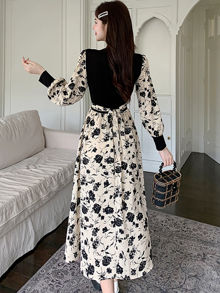 2025 nieuwe bloemen patchwork zwarte v-hals lange jurk vrouwen koreaanse vintage luxe jurk herfst elegante bodycon festival feestjurk