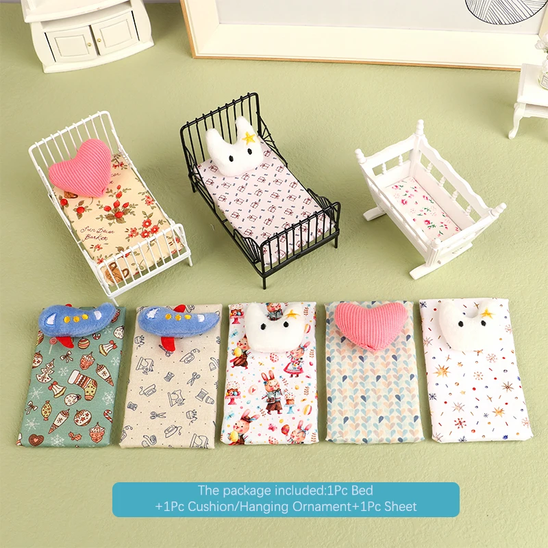 1Set 1:12 Dollhouse Miniature Iron European Bed Cradle Bed with Mattress Cushion Hanging Ornaments Furniture Bedroom Decor Toy