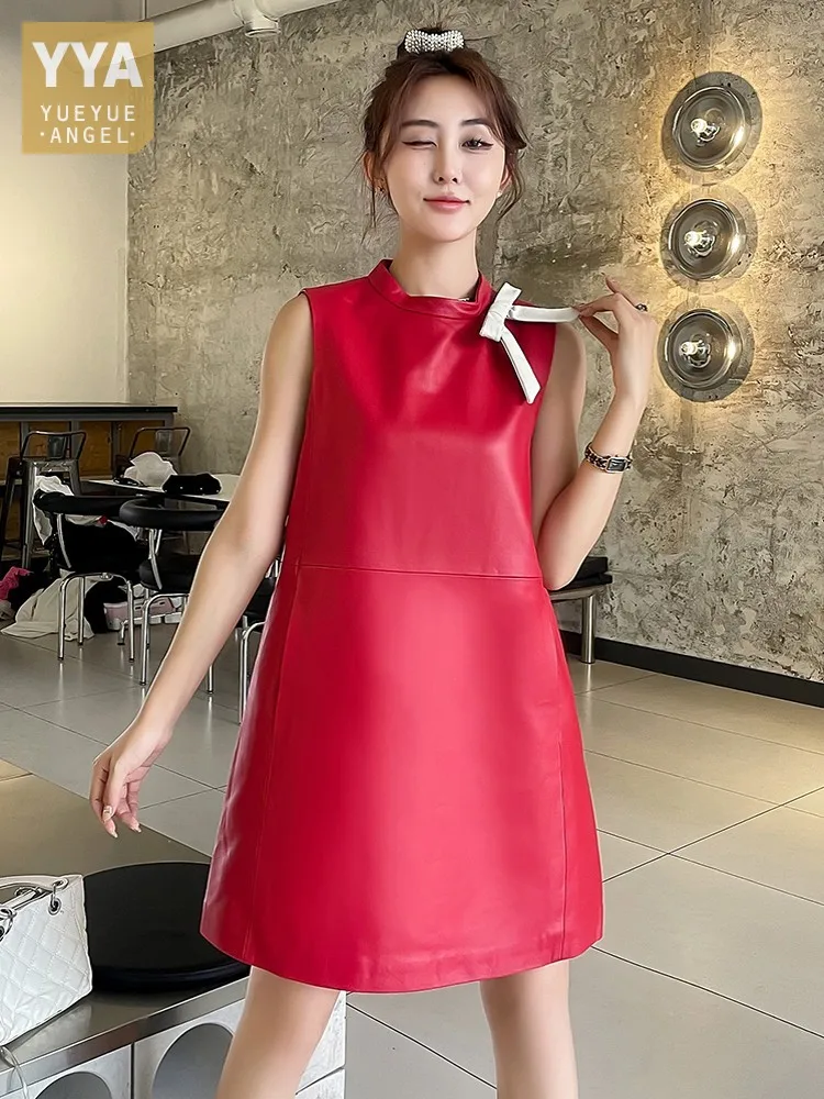 

Women Spring New Stand Collar Mixed Collar Bowknot Mini Tank Dress Slim Fit Sheepskin Genuine Leather Dress Sweet Lady Sundress