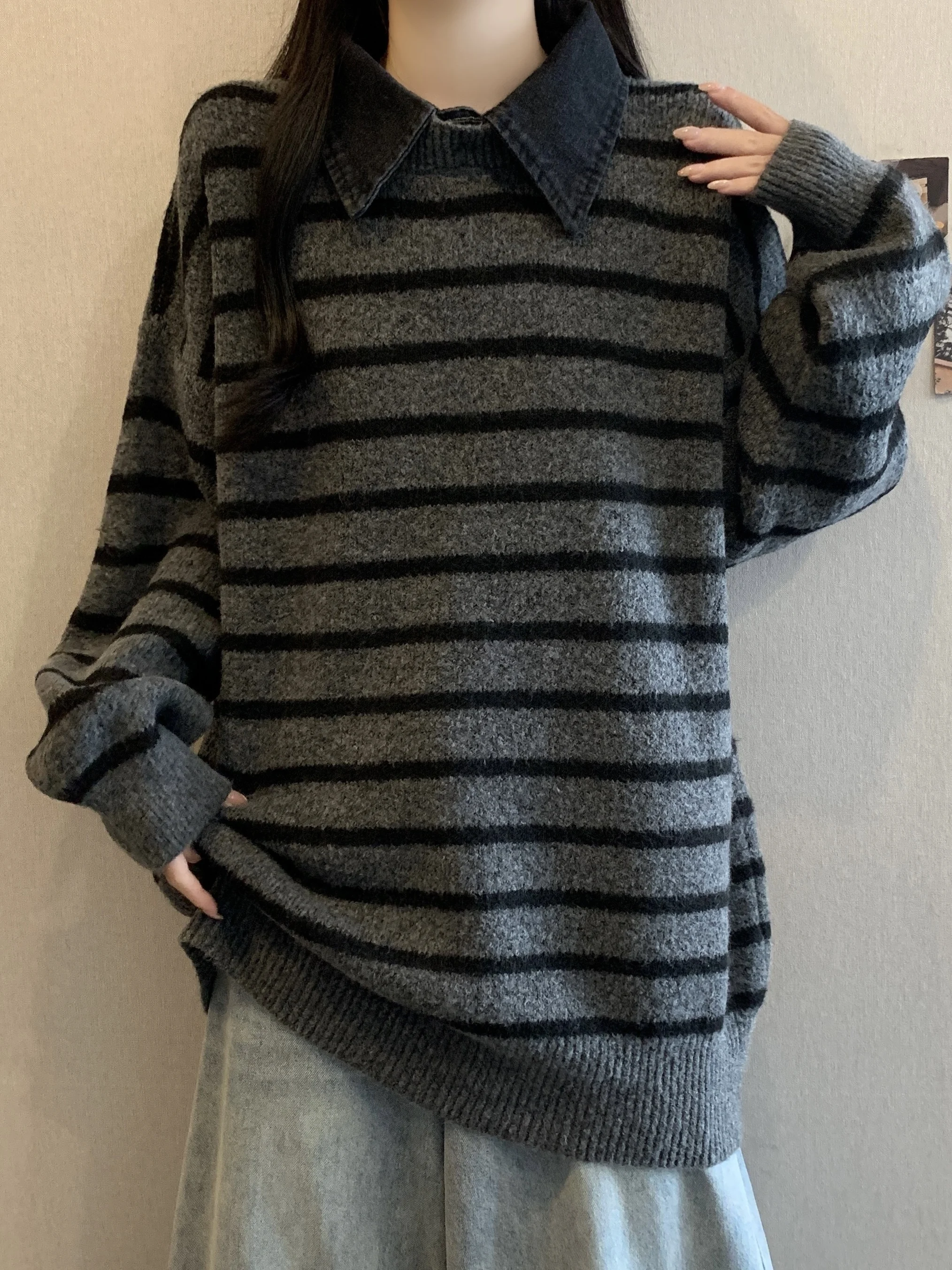 

plus Size Neck Knitted Sweater Women's Loose Midi Length Stripe Patterned Top Retro Style Faux Two-Piece Ensemble