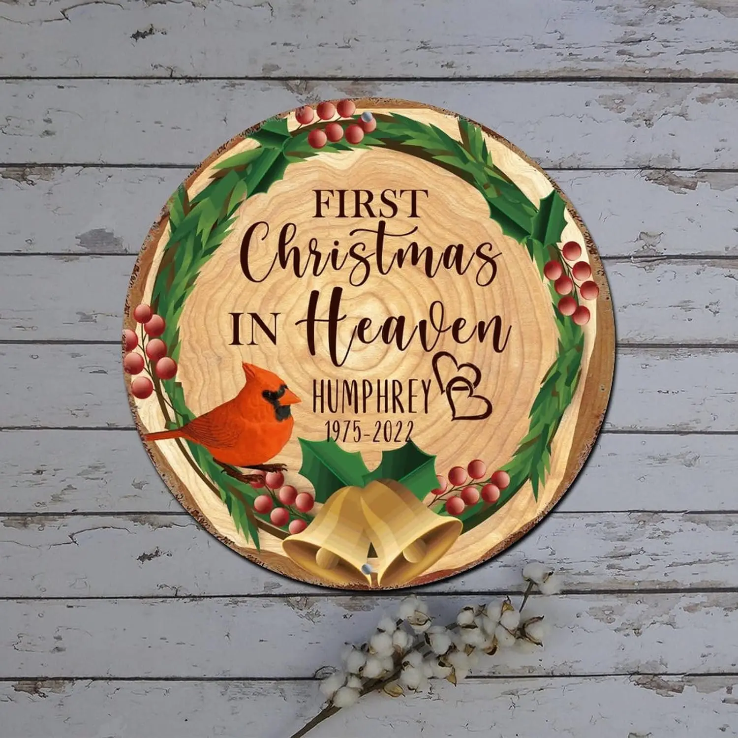 Christmas Round Tin Sign First Christmas in Heaven Cardinalis Poinsettia Round Metal Tin Sign Christmas Hanging Decor Distressed