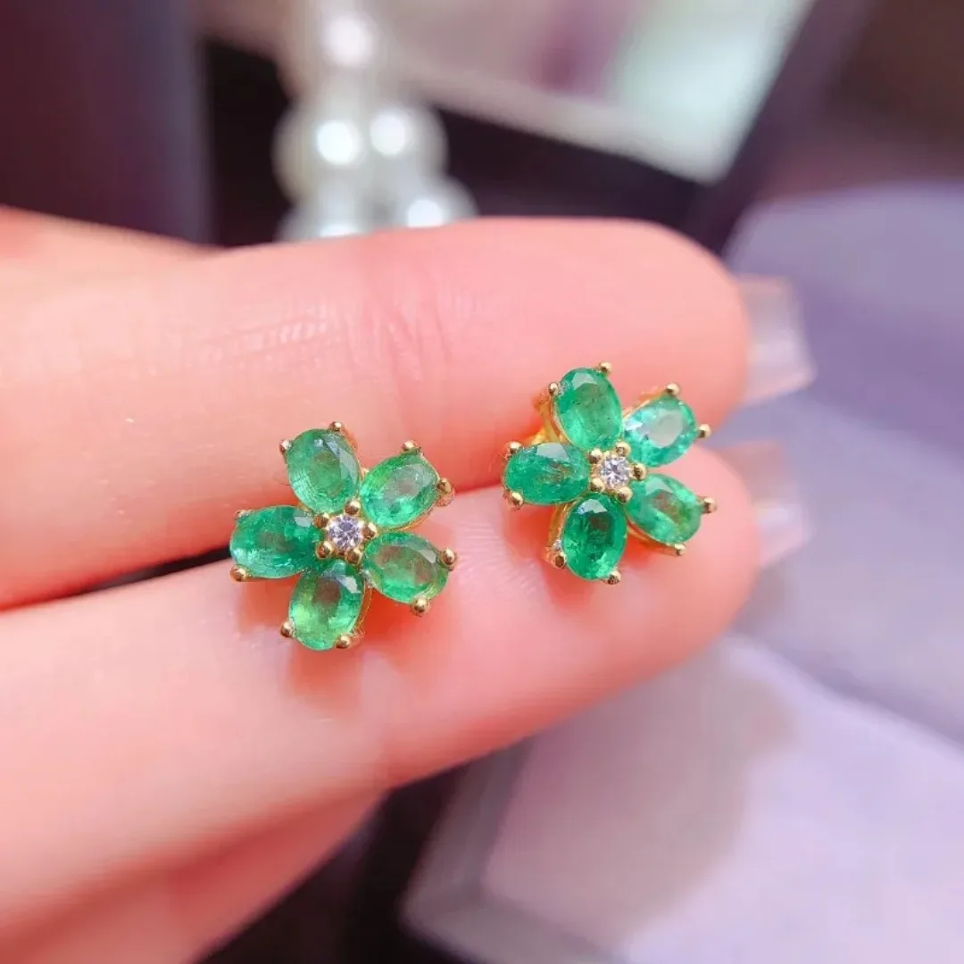 3*4mm Natural Emerald Flower Design Earrings with Certificate Fine Charm Fashion Weddings Jewelry for Women