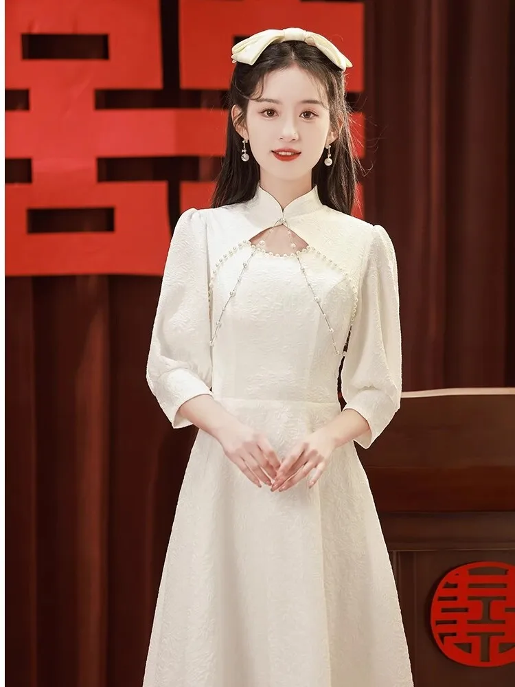 

Ele White Wedding Dr New Chinese Sle Engagement Dr Formal Ocn Appropriate A-Line Skirt Polyester Fabric