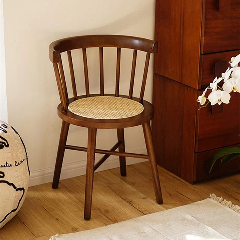 Household Retro Round Rattan Woven Dining Chair Bedroom Backrest Makeup Stool Cafe Leisure Solid Wood Chair