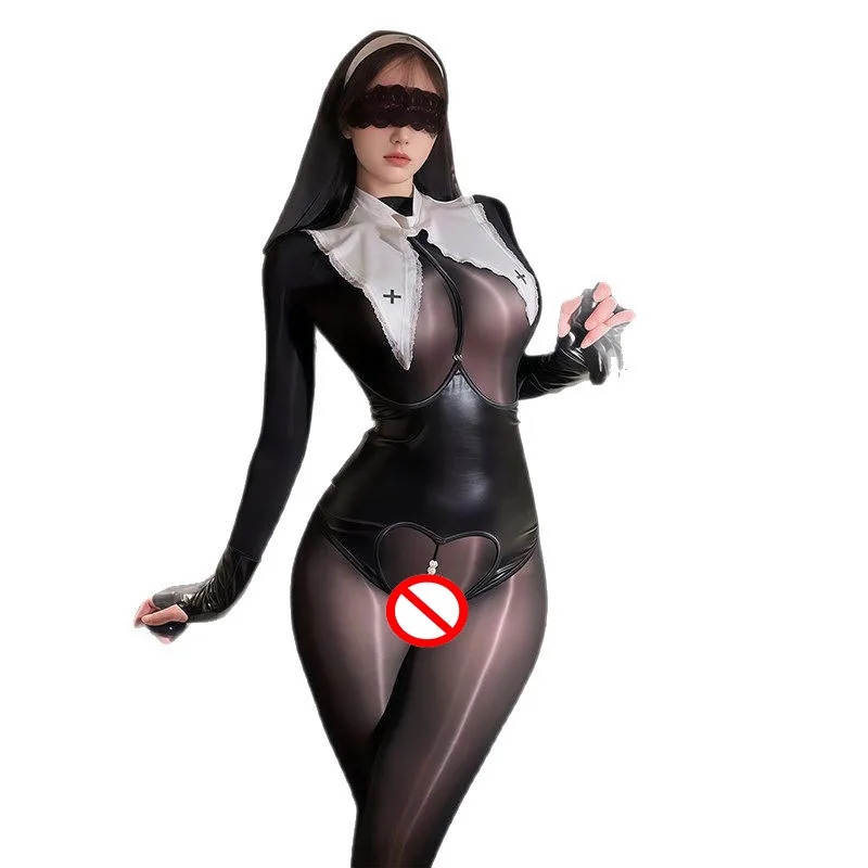 

New Women's Halloween Church Nun Uniform Cosplay Costumes Black With Bodystockings Jumpsuit For Nightclub Maid Role Play Sets