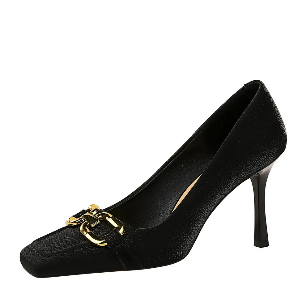 

Fashion Ultra Heels Shallow Mouth Square Head Metal Buckle Decorative Single High Heels Women Pumps Wedding Shoes туфли женские
