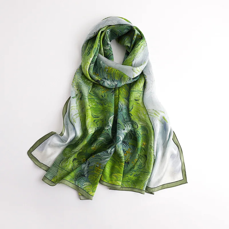 New Green Pastoral Style Mulberry High-Grade Printed Thin Long Elegant Silk Scarf Shawl Dual-Use for Mother