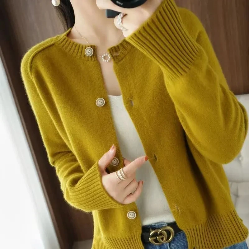 Long Sleeve 100% Merino Wool Sweaters Cashmere Cardigan Spring Autumn Women O-Neck Knitwear Tops Clothing Fashion Basic Tops