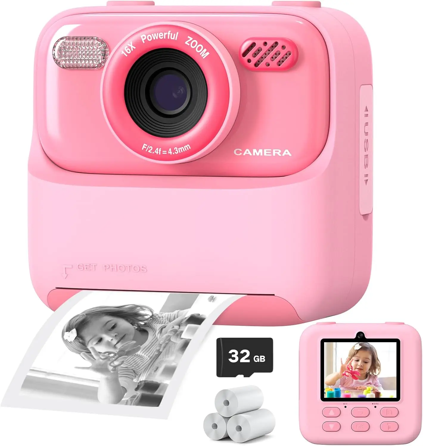 

32G Kids Camera Instant Print 1080P HD Dual-Lens Selfie Digital Camera with Print Paper for Child Christmas Birthday Gifts Toys