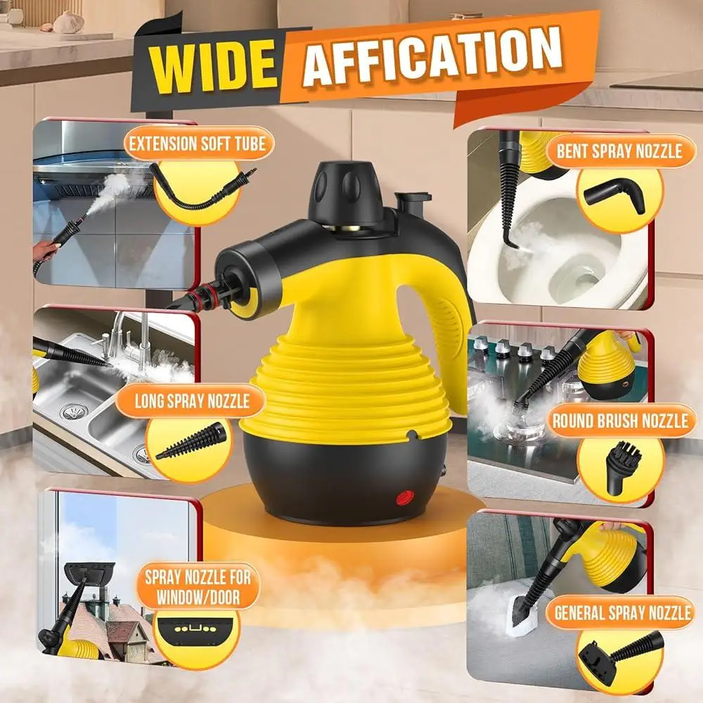 يده البخار نظافة المحمولة متعددة الأسطح باخرة 1050 واط ارتفاع ضغط 9 قطعة اكسسوارات قفل أمان 12.8 أوقية خزان المياه