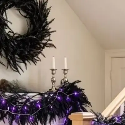 2PCS 180cm Black Artificial Pine Garland With For Maple Leaves Realistic Halloween Vine For Fireplace Railing Stairs Party Decor