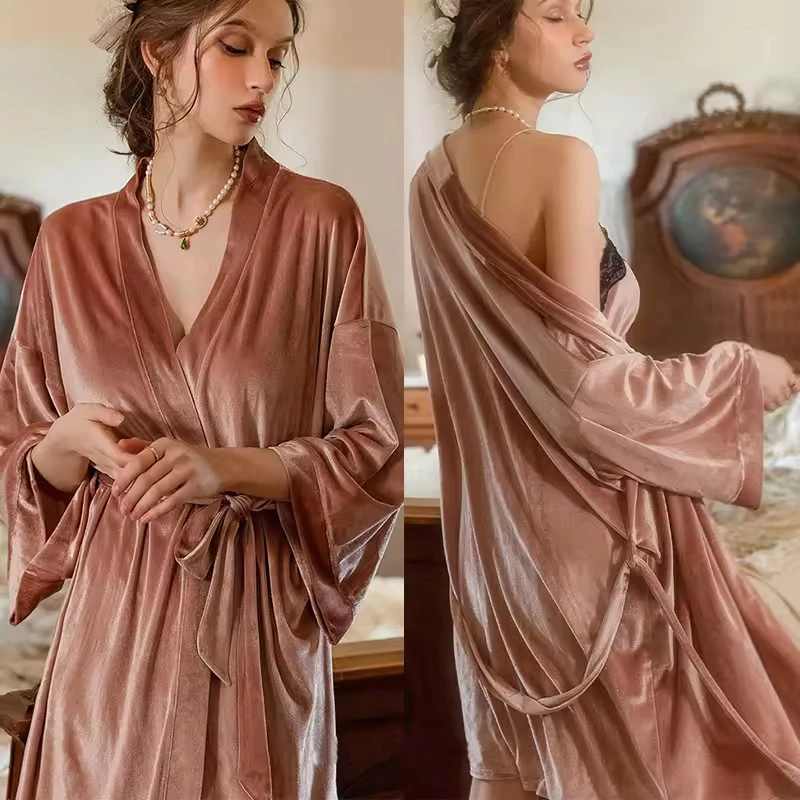 Velvet Bathrobe Gown For Lady Wedding Robe Suit Sexy Split Lace Trim Cami Sleepwear Nightgown Autumn Winter Warm Homewear
