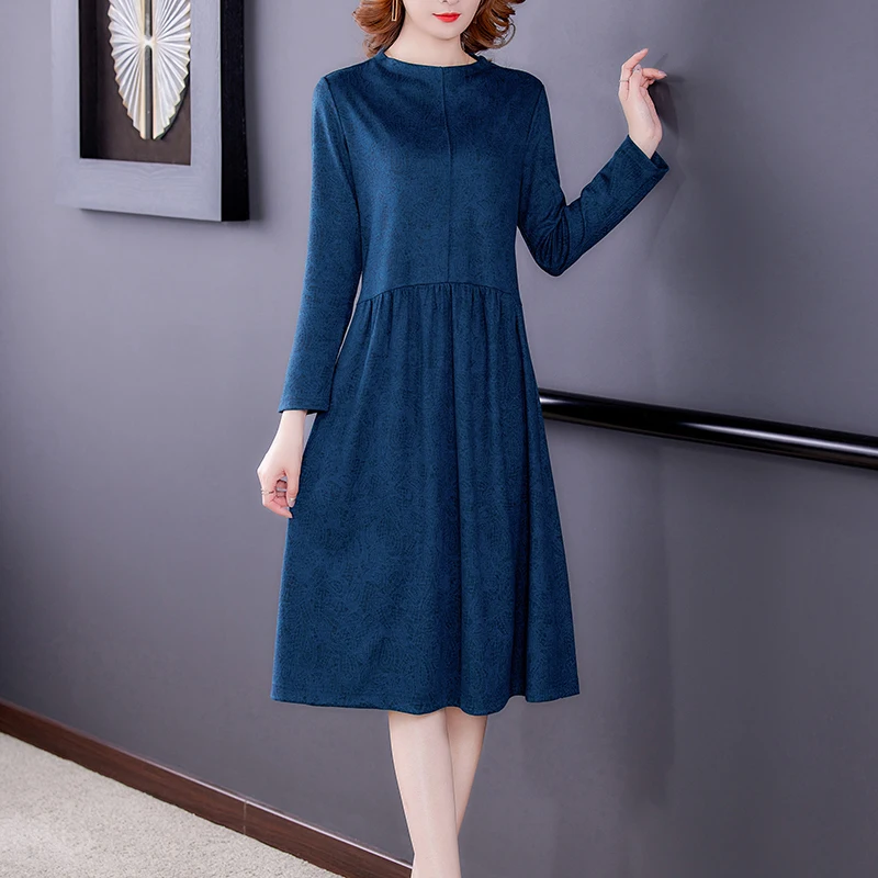 2023 New Fashion Solid Color Velvet Dress Women's Autumn Versatile Round Neck Long Sleeve Loose Fit Holiday Party Dress Vestidos