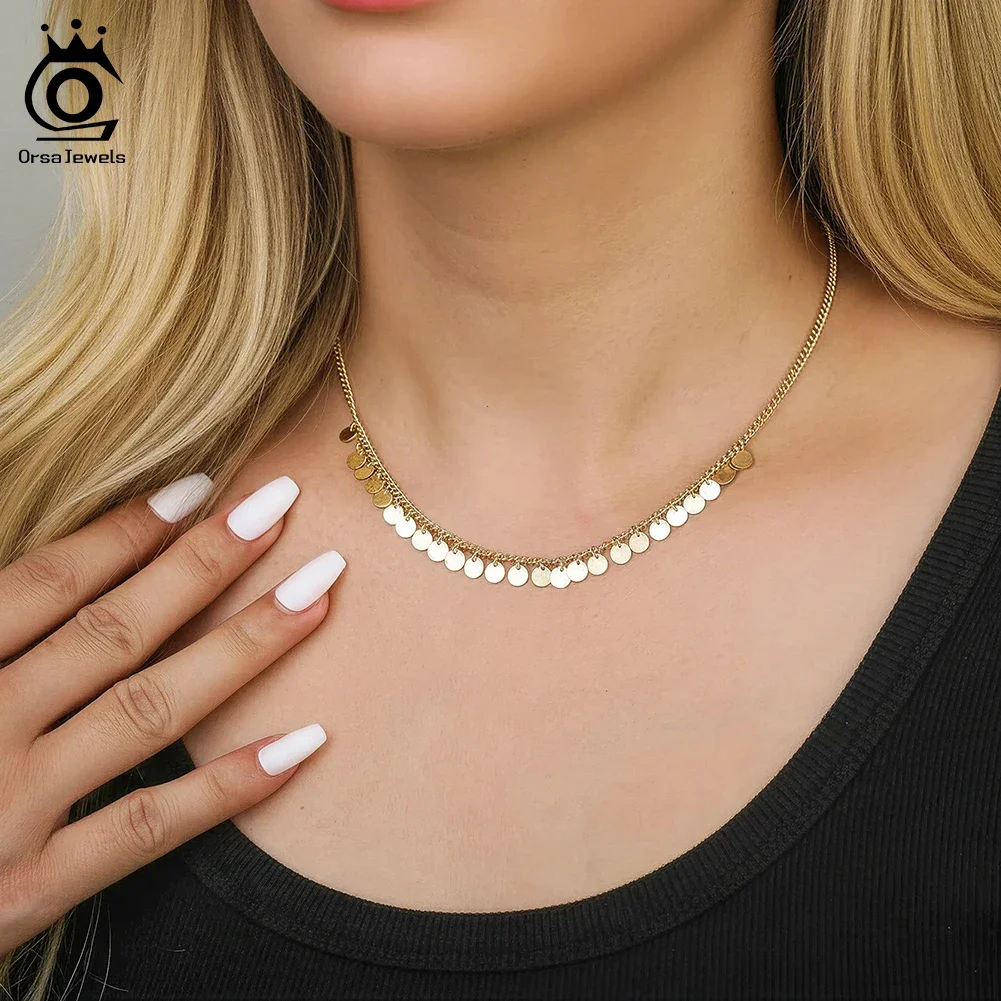 ORSA JEWELS Shiny S925 Silver Round Sequin Necklace for Women Simple Chopin Choker Chain Party Female Fine Jewelry Gift GAN13