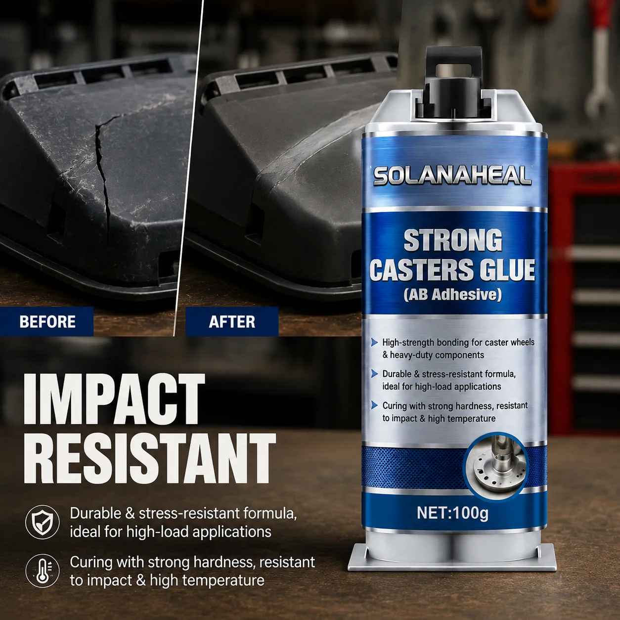 Heavy Duty Metal Bonding AB Adhesive 100g, High Strength Heat Resistant Repair Glue for Broken Casters & Metal Parts, Impact Res