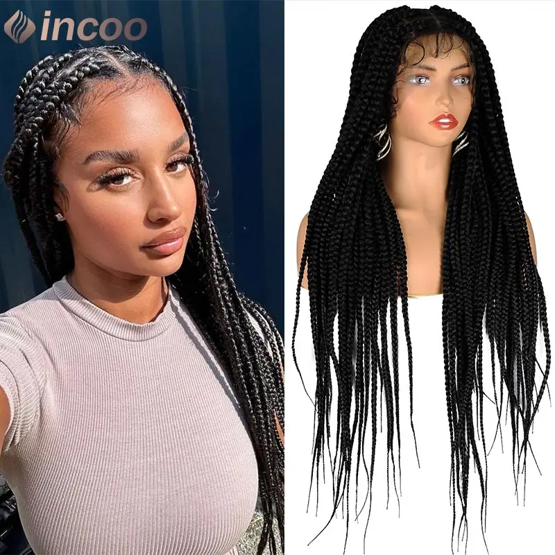 Full Lace Synthetic Knotless Box trançado perucas para mulheres negras, transparente, frente, torção, Cornrow, 36"