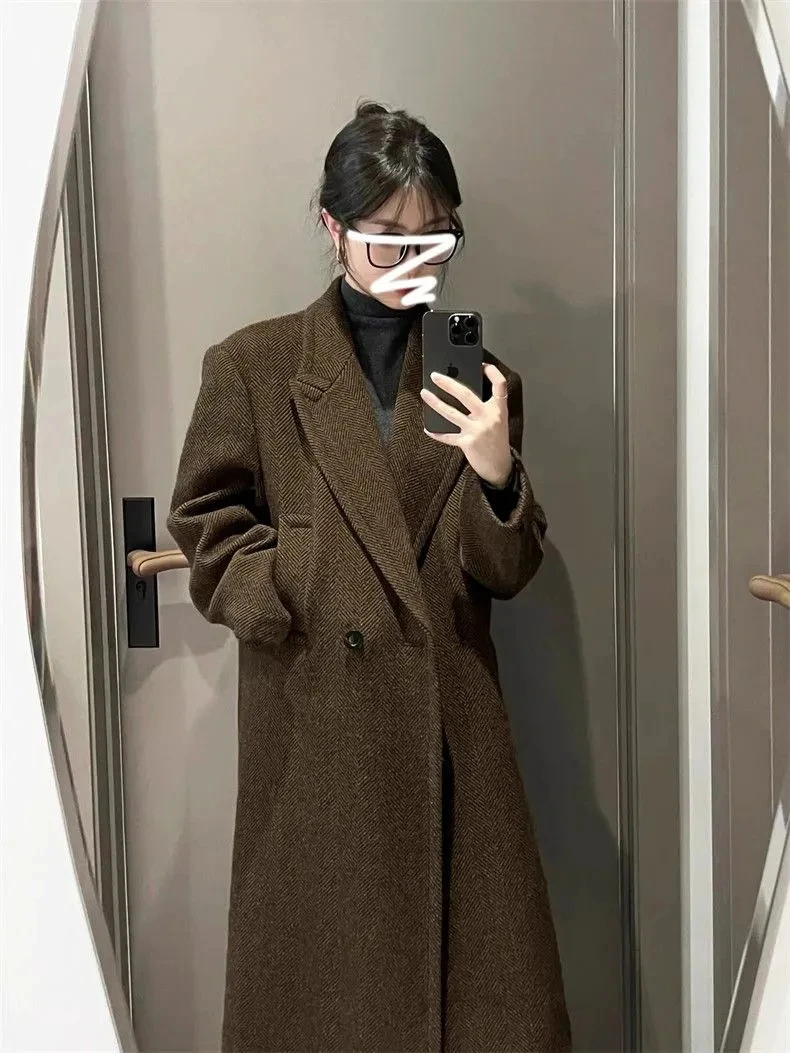 Estilo coreano feminino terno de lã jaqueta outono e inverno 2024 novo longo high-end trenchcoat senhora do escritório casaco trespassado topo