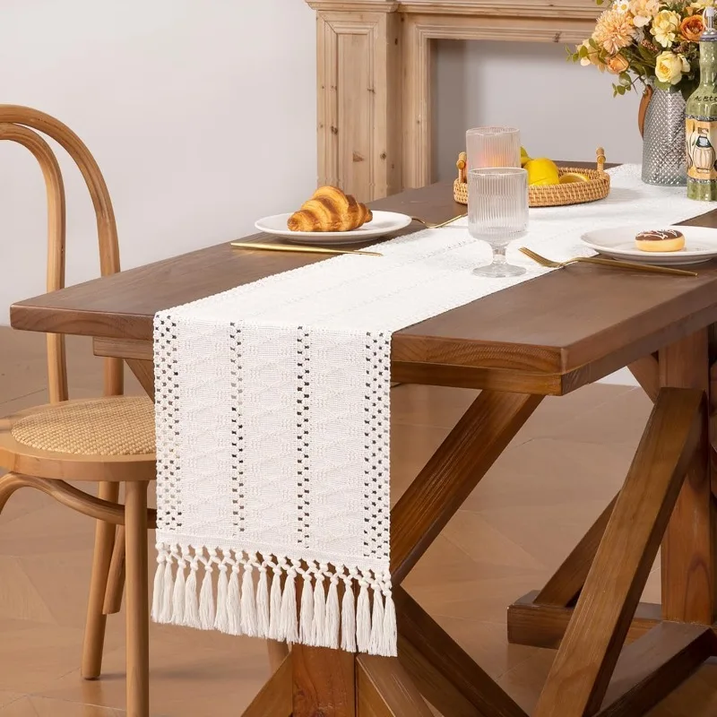 

Table Runner Home Decor with Tassels Long Farmhouse Rustic Table Runner Cream & Brown Macrame Burlap Table Wedding Decoration